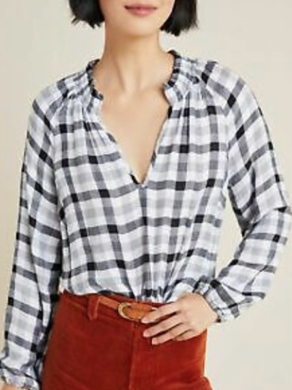 Cloth & Stone for Anthropologie Sara Black & White Plaid Blouse • Size XL